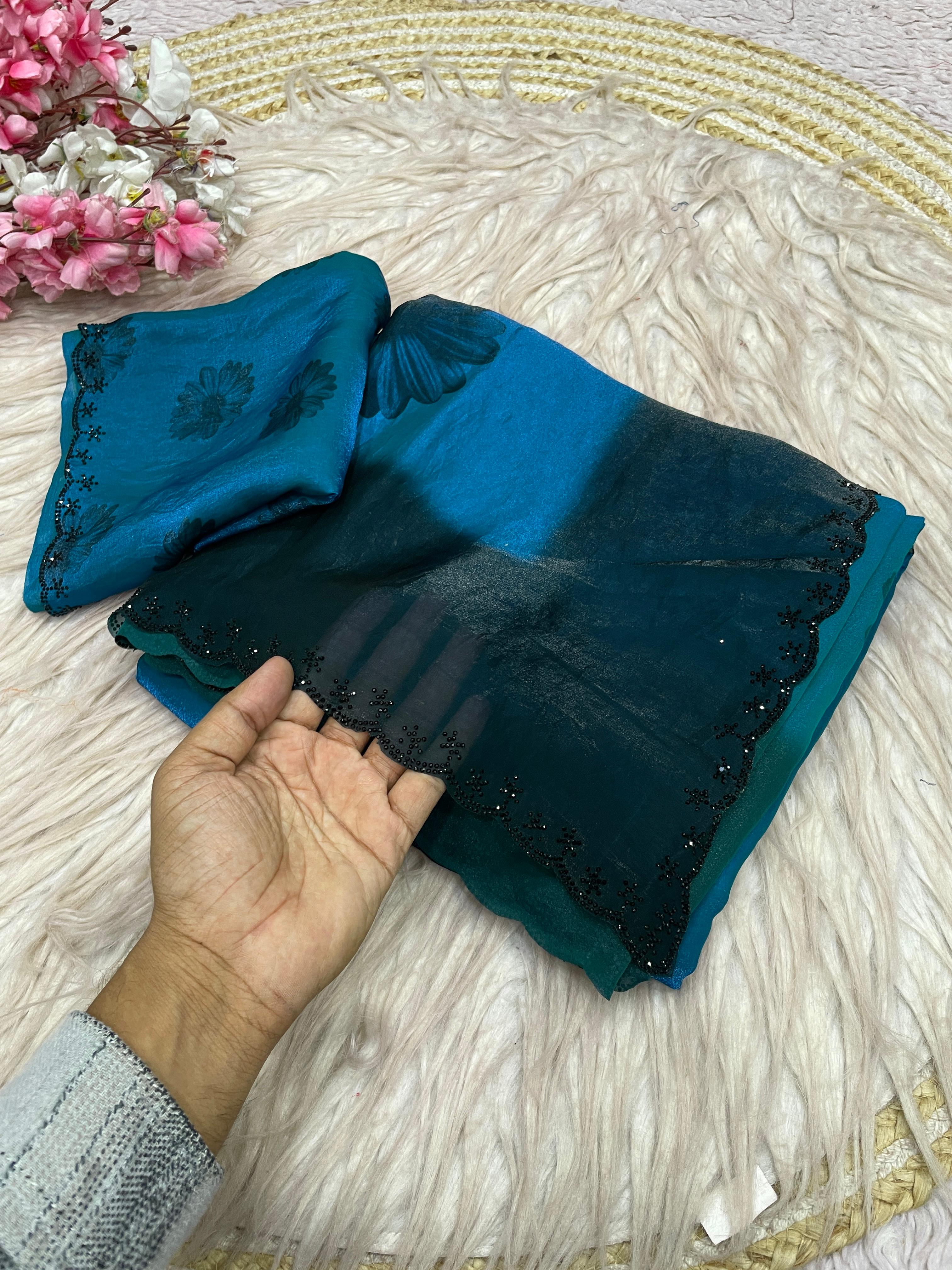 Azure Daisy Space Silk Digital Floral Jarkan Work Saree